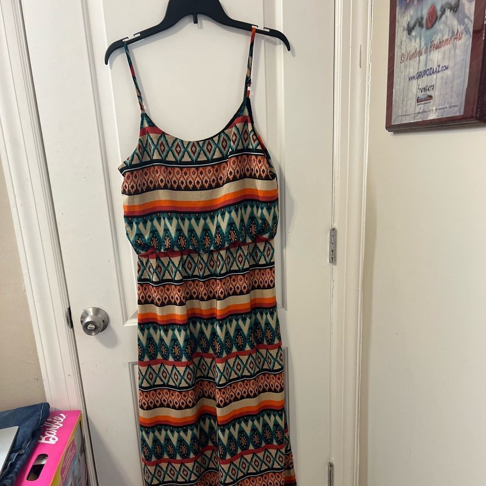 By & By Geometric Aztec Maxi Dress Womens Large Teal Orange Popover Sundress